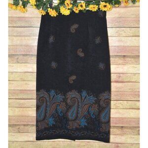Pretty Briggs New York Vintage Paisley Print Midi Skirt 14 Black Pencil Style